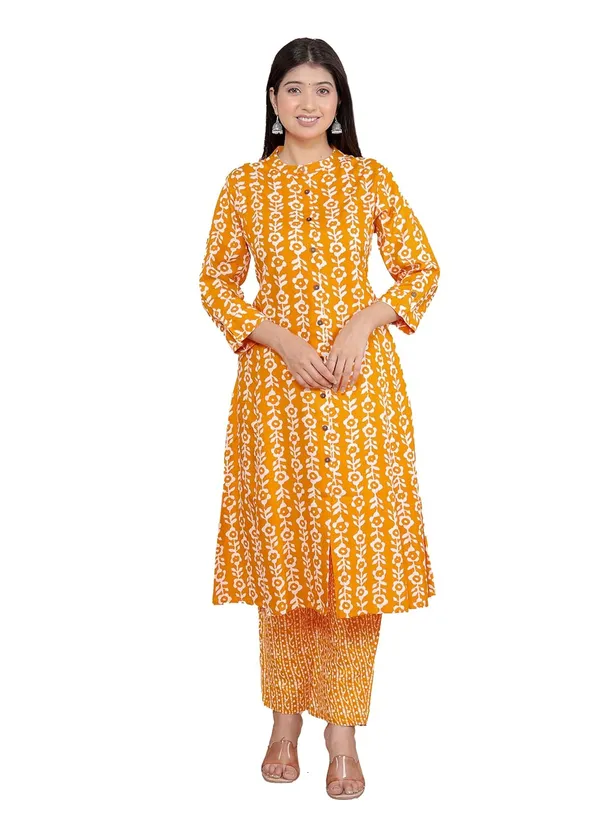Orange_Yellow_Cotton_Floral_Printed_Mandarin_Collar_A_Line_Kurti_With_Pant_For_Women