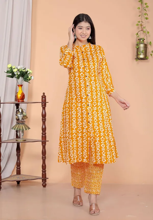 Orange_Yellow_Cotton_Floral_Printed_Mandarin_Collar_A_Line_Kurti_With_Pant_For_Women