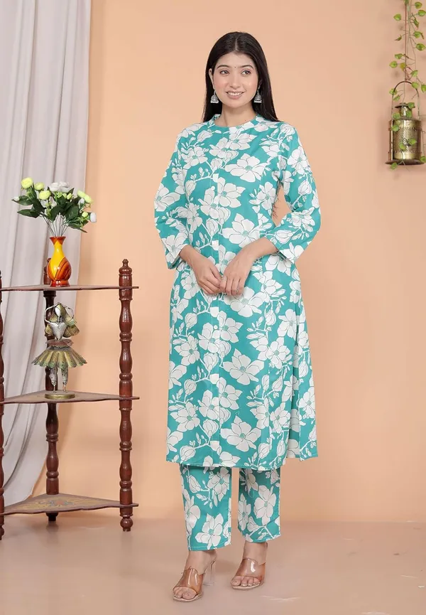 Sky_Blue_Cotton_Floral_Printed_Mandarin_Collar_A_Line_Kurti_With_Pant_For_Women