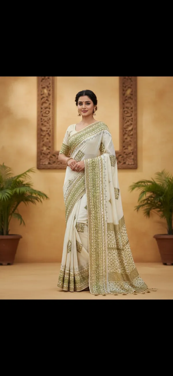 White_And_Green_Chiffon_Premium_Saree_For_Women