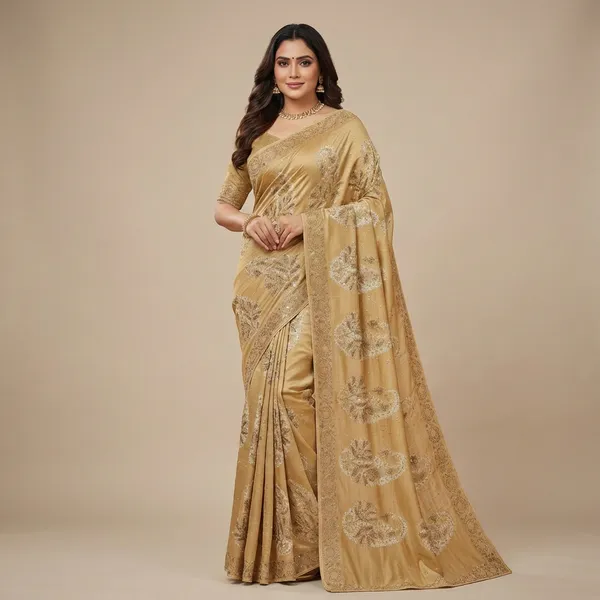 Golden_And_Cream_Cotton_Premium_Saree_For_Women