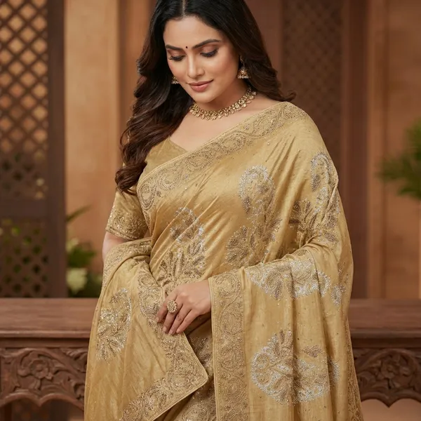 Golden_And_Cream_Cotton_Premium_Saree_For_Women