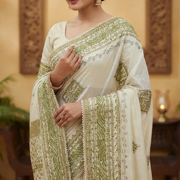White_And_Green_Chiffon_Premium_Saree_For_Women