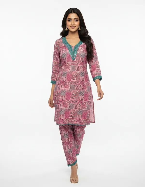 Pink_And_Teal_Premium_Blend_Cotton_Kurti_With_Pant_Set_For_Women