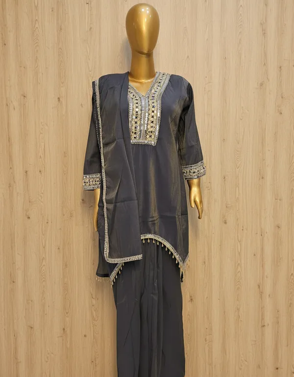 Charcoal_Grey_Premium_Chanderi_Silk_Kurta_And_Palazzo_With_Dupatta_Set_For_Women