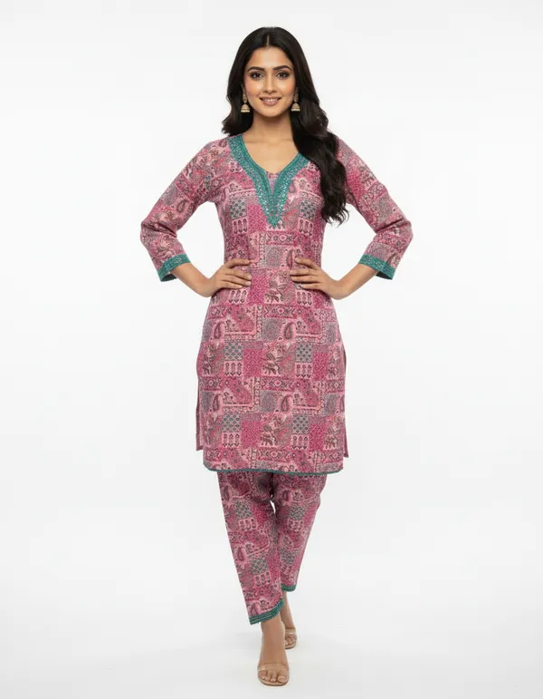 Pink_And_Teal_Premium_Blend_Cotton_Kurti_With_Pant_Set_For_Women
