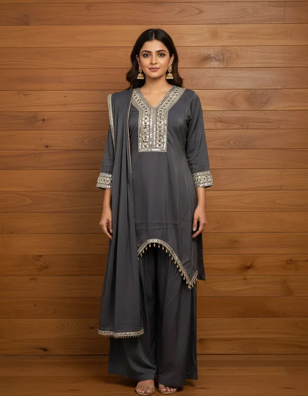 Charcoal_Grey_Premium_Chanderi_Silk_Kurta_And_Palazzo_With_Dupatta_Set_For_Women