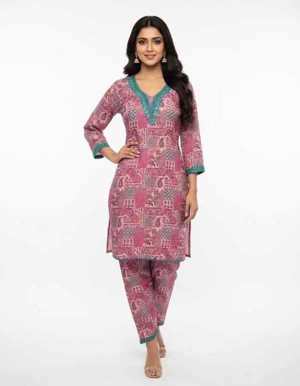 Pink_And_Teal_Premium_Blend_Cotton_Kurti_With_Pant_Set_For_Women
