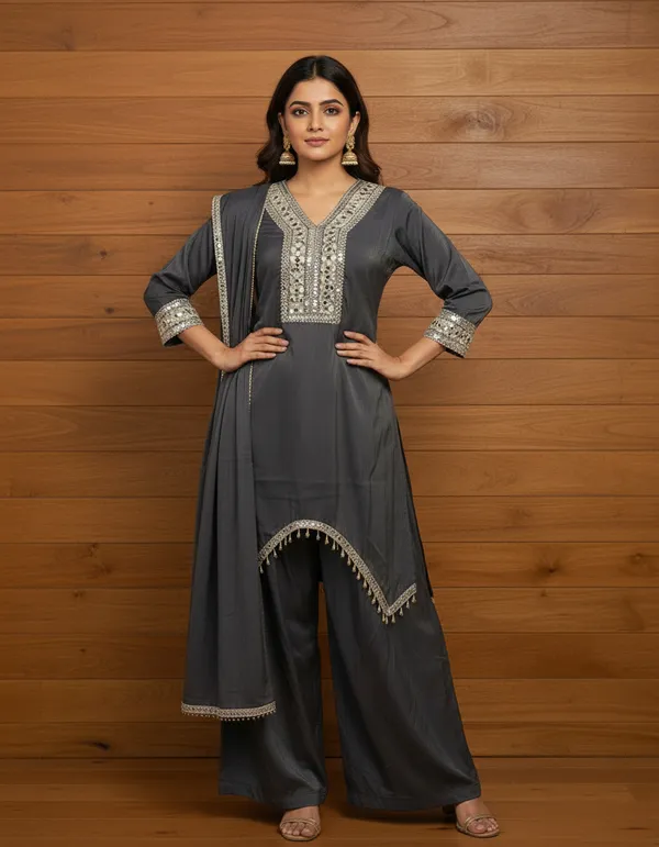 Charcoal_Grey_Premium_Chanderi_Silk_Kurta_And_Palazzo_With_Dupatta_Set_For_Women