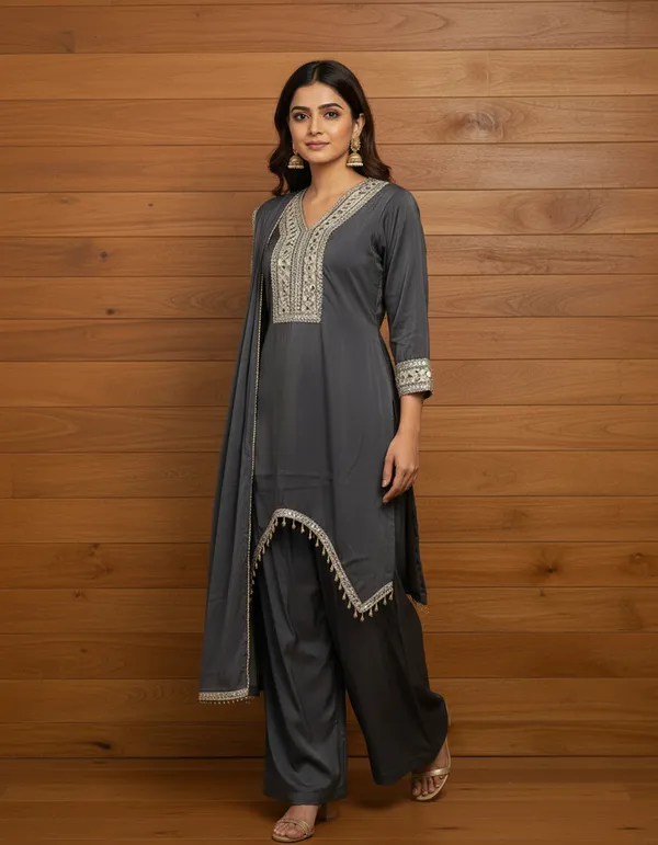 Charcoal_Grey_Premium_Chanderi_Silk_Kurta_And_Palazzo_With_Dupatta_Set_For_Women