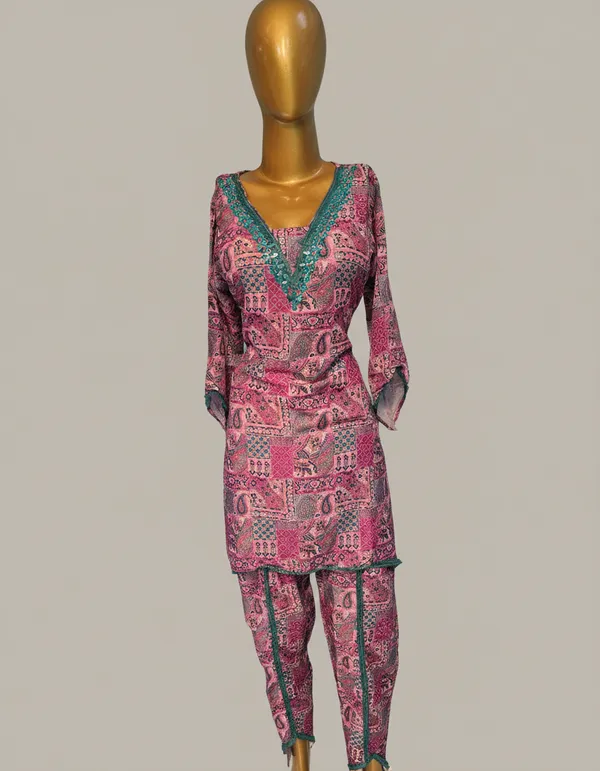 Pink_And_Teal_Premium_Blend_Cotton_Kurti_With_Pant_Set_For_Women