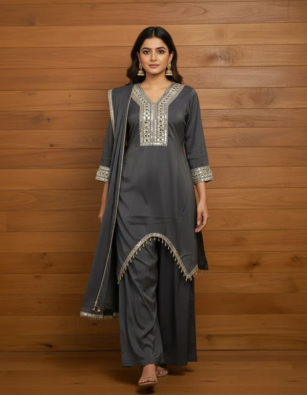Charcoal_Grey_Premium_Chanderi_Silk_Kurta_And_Palazzo_With_Dupatta_Set_For_Women