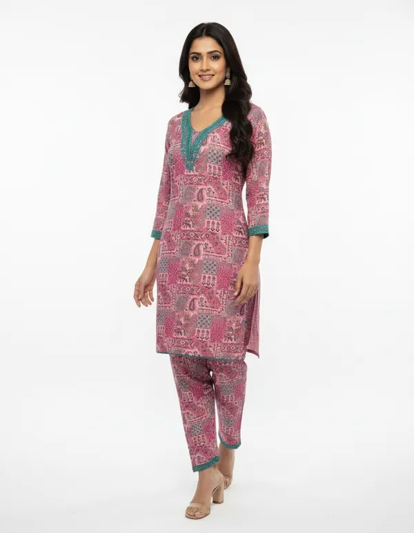 Pink_And_Teal_Premium_Blend_Cotton_Kurti_With_Pant_Set_For_Women