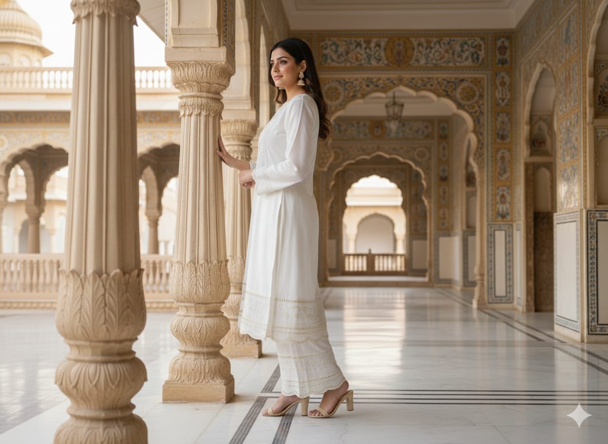 White_Premium_Cotton_Silk_Kurta_And_Pant_Set_For_Women