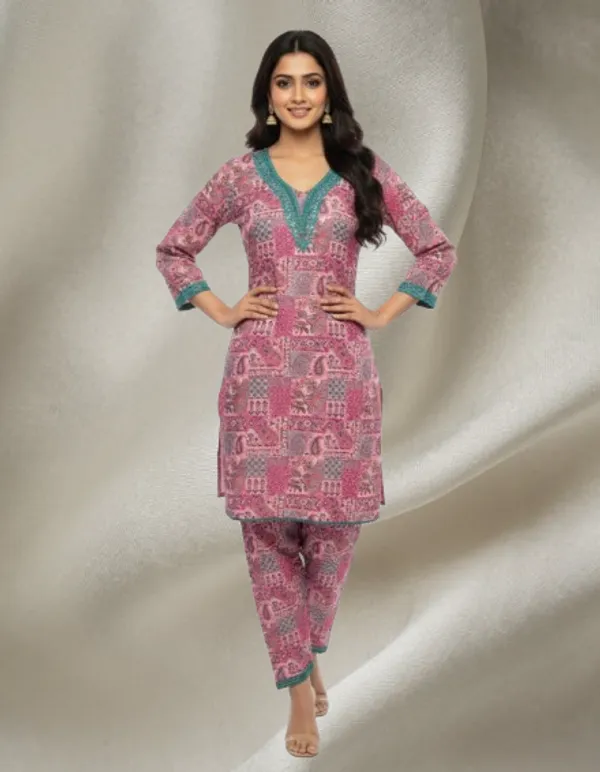 Pink_And_Teal_Premium_Blend_Cotton_Kurti_With_Pant_Set_For_Women