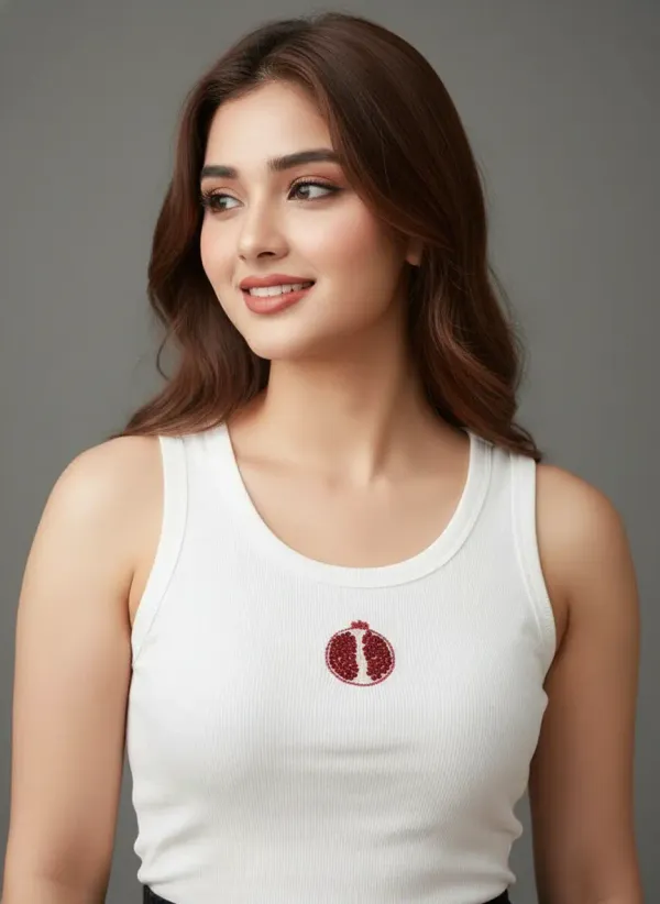 White_Cotton_Pomegranate_Beaded_Ribbed_Tank_Top_For_Women