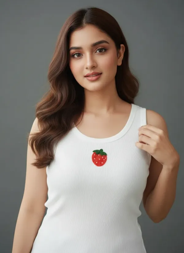 White_Cotton_Beaded_Strawberry_Sleeveless_Ribbed_Summer_Tank_Top_For_Women