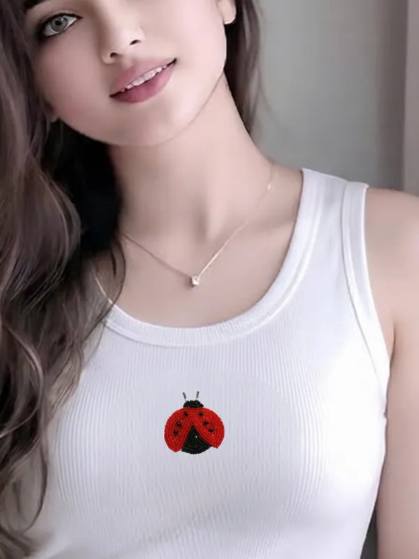 White_Ribbed_Tank_Top_with_Hand-Beaded_Ladybug_Motif