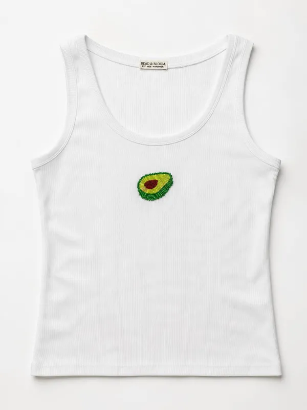White_Cotton_Avocado_Bliss_Beaded_Rib_Tank_Top_For_Women