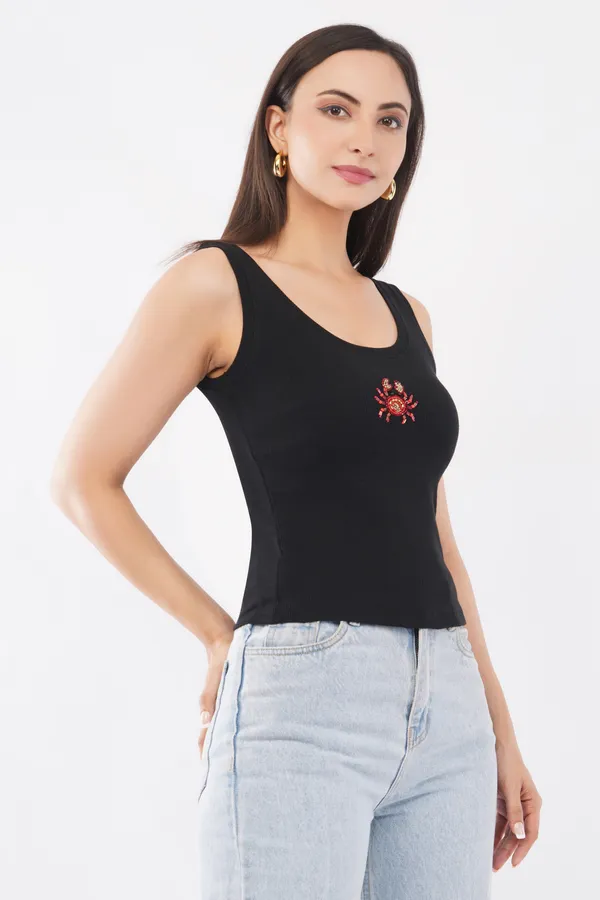 Black_Cotton_Beaded_Crab_Sleeveless_Ribbed_Party_Tank_Top_For_Women