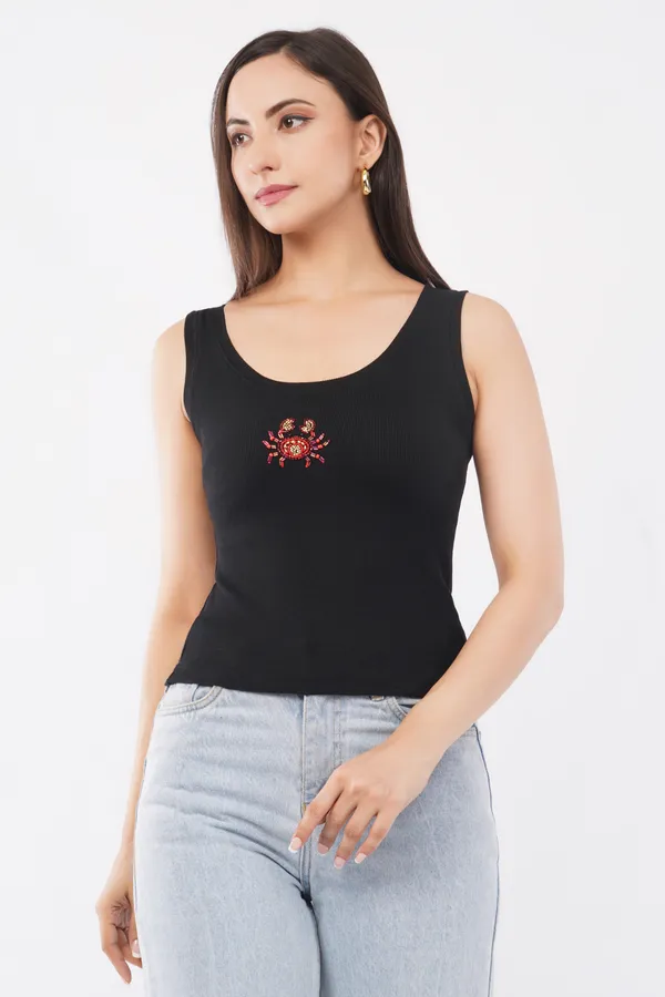 Black_Cotton_Beaded_Crab_Sleeveless_Ribbed_Party_Tank_Top_For_Women