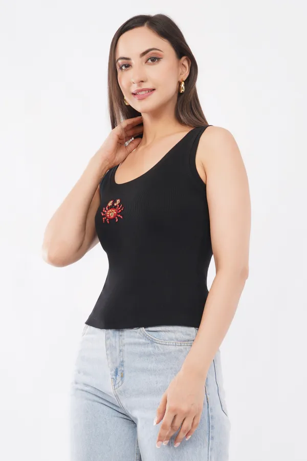 Black_Cotton_Beaded_Crab_Sleeveless_Ribbed_Party_Tank_Top_For_Women