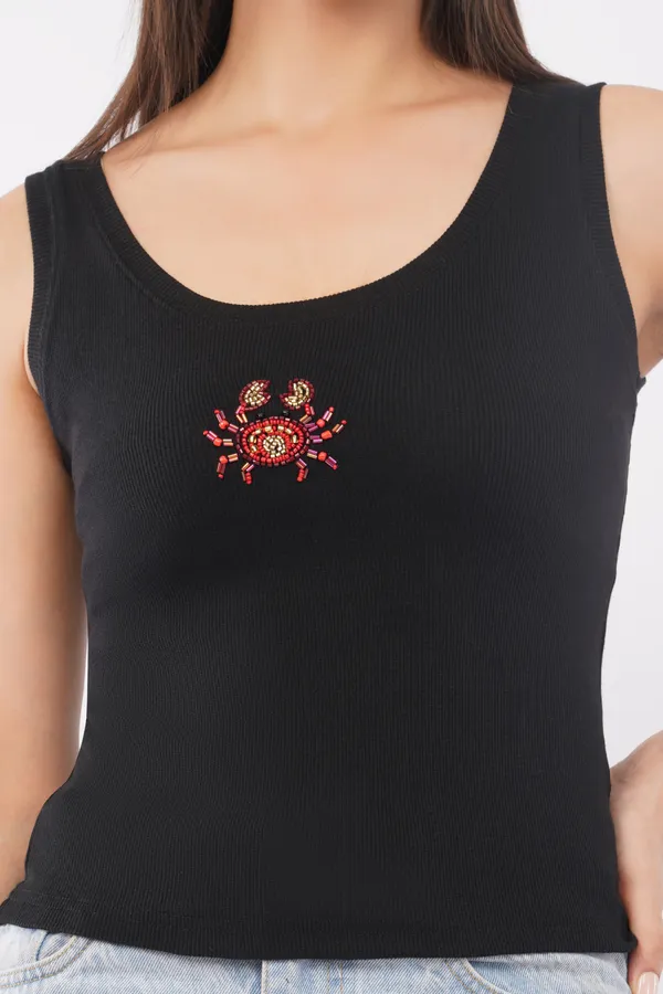 Black_Cotton_Beaded_Crab_Sleeveless_Ribbed_Party_Tank_Top_For_Women