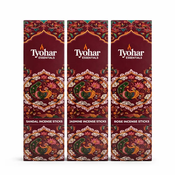 TYOHAR_ESSENTIALS_Organic_Incense_Sticks_Combo_Pack_Of_3_(3×40_Sticks)_–_Sandalwood,_Rose_&_Jasmine_