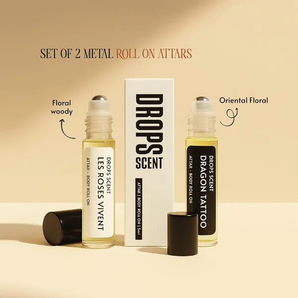 Roll-On_Attar_Set_for_Women_|_2_x_5ml_Premium_Oil_Perfumes_|_Les_Roses_Vivent_&_Dragon_Tattoo_|_Long-Lasting_100%__Perfume_Oil_|_Floral_Woody_&_Oriental_Fragrances_|_Travel-Friendly