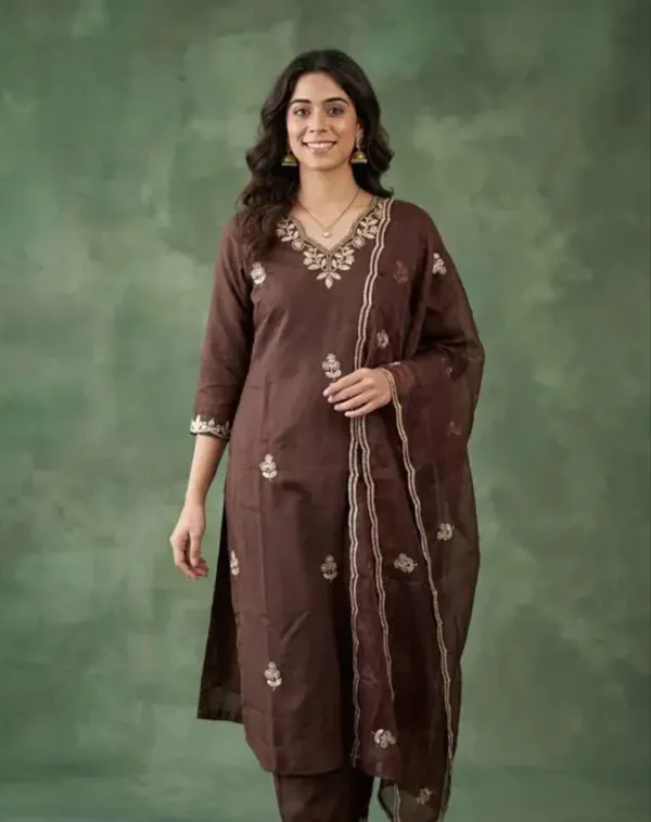 Brown_Designer_Kurti_Pant_With_Dupatta_For_Women