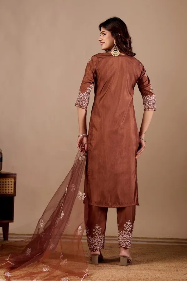 Coffee_Designer_Kurti_Pant_With_Dupatta_For_Women