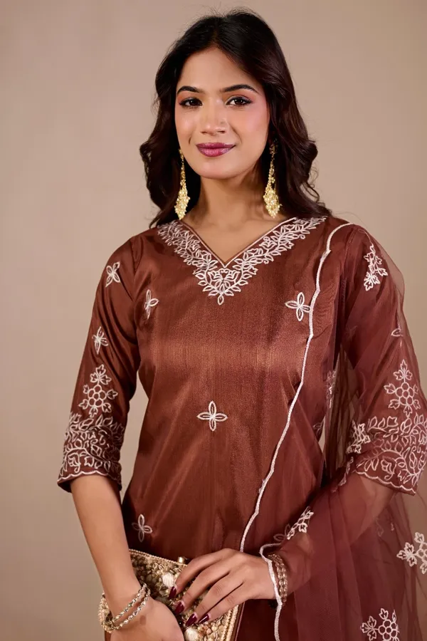 Coffee_Designer_Kurti_Pant_With_Dupatta_For_Women