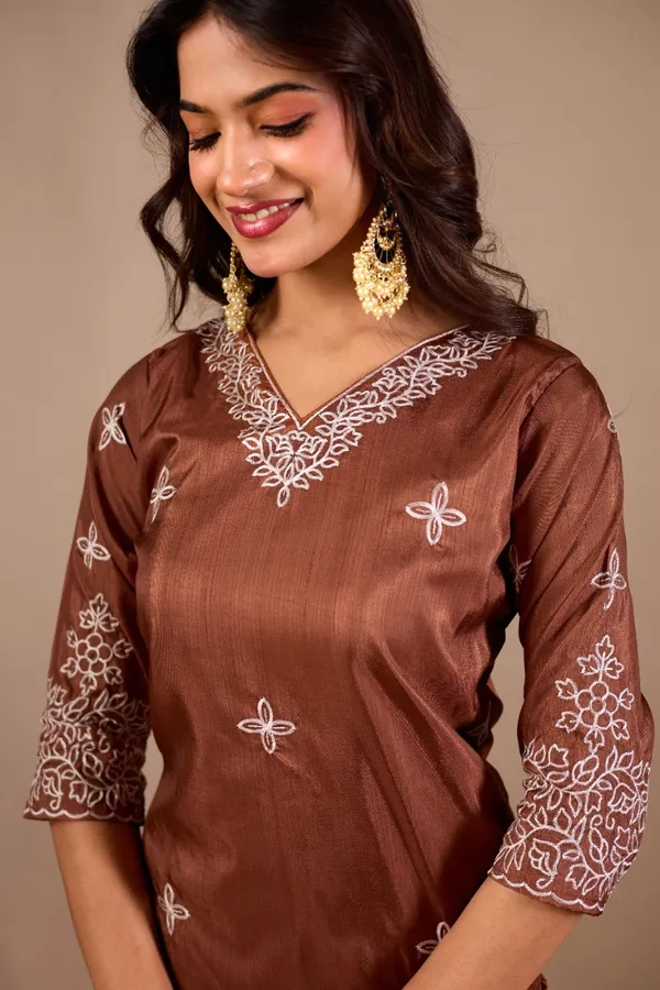 Coffee_Designer_Kurti_Pant_With_Dupatta_For_Women