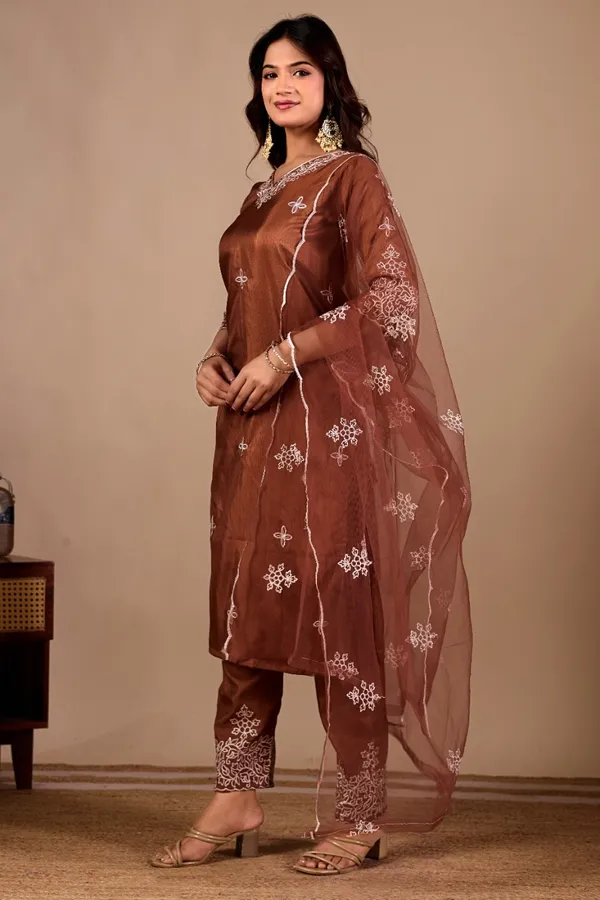 Coffee_Designer_Kurti_Pant_With_Dupatta_For_Women