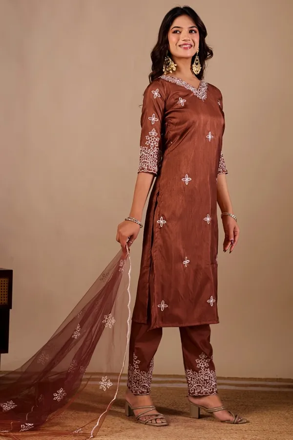 Coffee_Designer_Kurti_Pant_With_Dupatta_For_Women