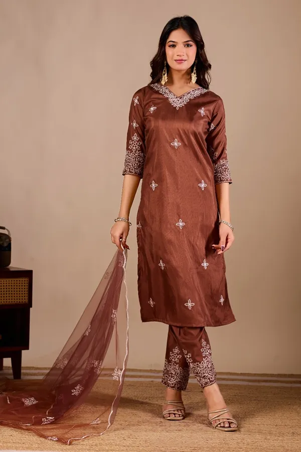 Coffee_Designer_Kurti_Pant_With_Dupatta_For_Women