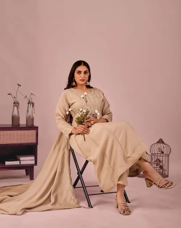 Beige_Designer_Anarkali_Kurti_Set_With_Dupatta_For_Women