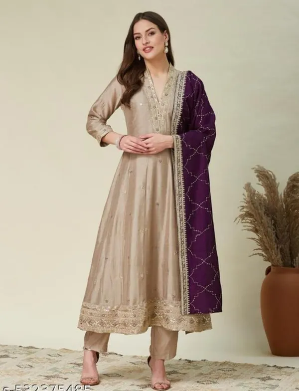 Beige_Designer_Anarkali_Kurti_Pant_With_Dupatta_For_Women