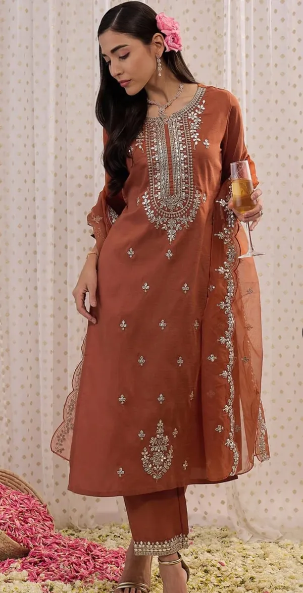 Rust_Designer_Kurti_Pant_With_Dupatta_For_Women