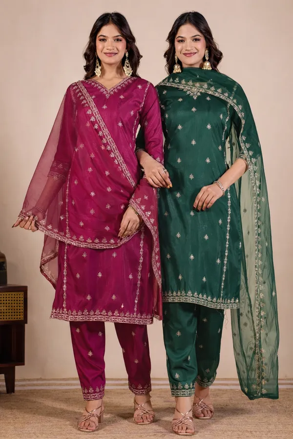 Maroon_And_Green_Designer_Kurti_Pant_With_Dupatta_For_Women_Combo_Set_Pack_Of_2