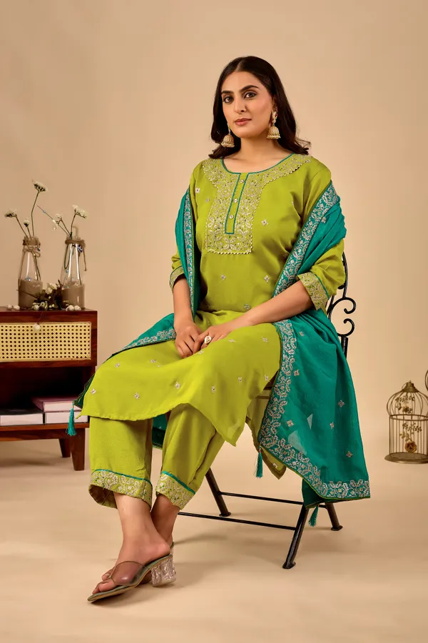 Green_Designer_Kurti_Pant_With_Dupatta_For_Women