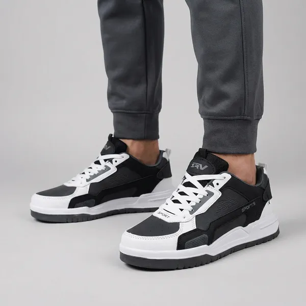 Dark_Grey_And_White_Sports_Chunky_Sneakers_With_Textured_Sole_For_Men
