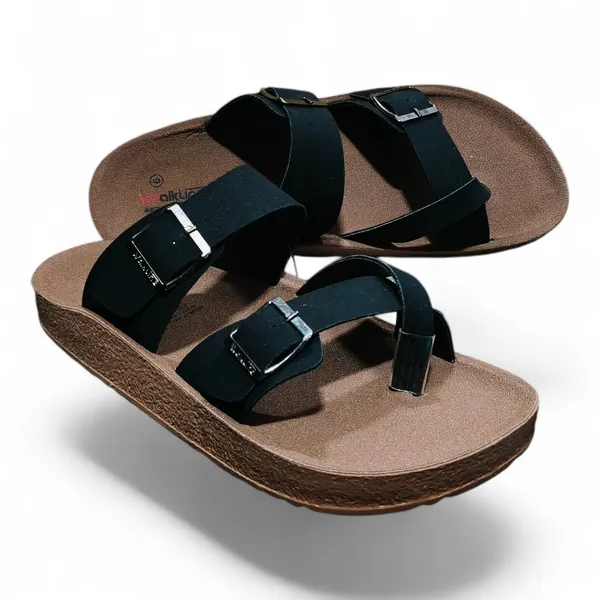Black_Buckle_Strap_Toe_Ring_Sandals_With_Cork_Footbed_For_Men