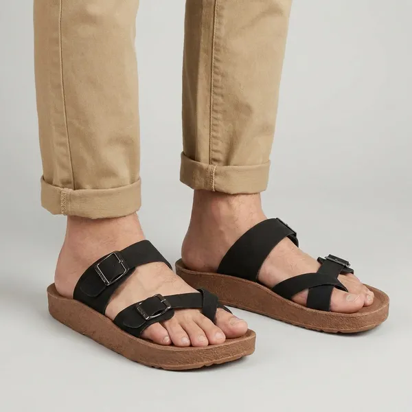 Black_Buckle_Strap_Toe_Ring_Sandals_With_Cork_Footbed_For_Men