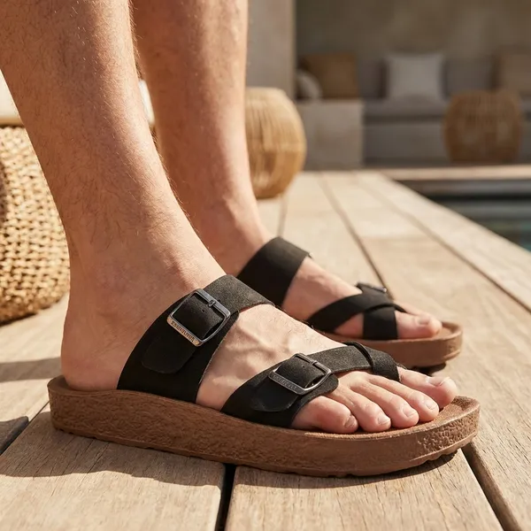 Black_Buckle_Strap_Toe_Ring_Sandals_With_Cork_Footbed_For_Men