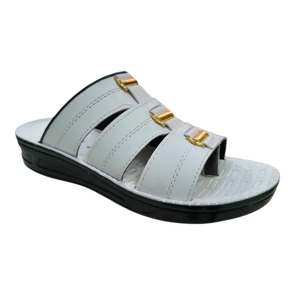White_Comfort_Slide_Sandals_With_Gold_Buckle_Detail_For_Women