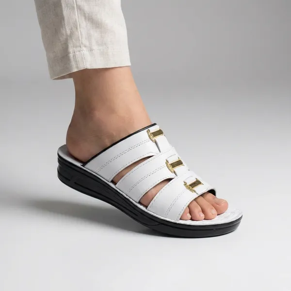 White_Comfort_Slide_Sandals_With_Gold_Buckle_Detail_For_Women