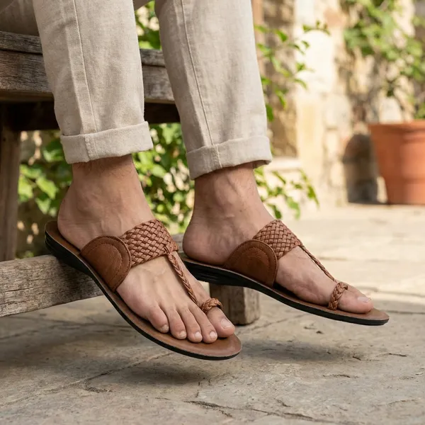 Brown_Braided_Leather_Kolhapuri_Sandals_With_Toe_Loop_For_Men