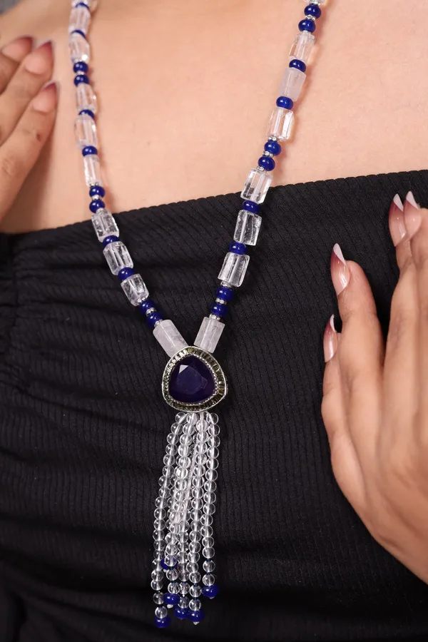 White_Crystal_With_Blue_Pendant_String_Necklace_For_Women_And_Girls