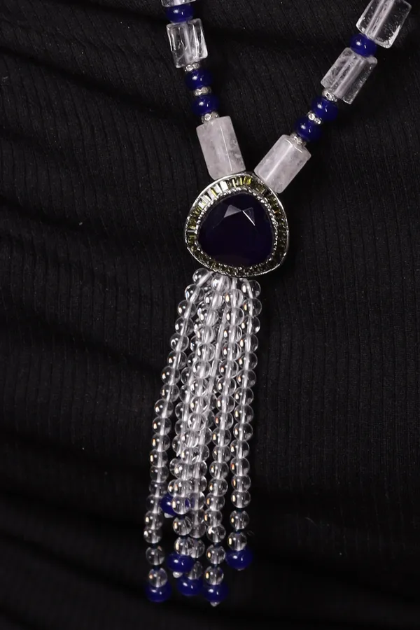 White_Crystal_With_Blue_Pendant_String_Necklace_For_Women_And_Girls